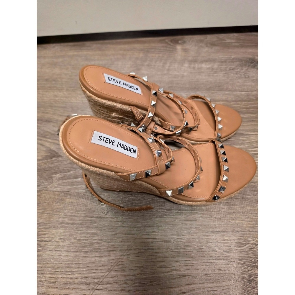 Steve Madden Tan Studded Espadrille Wedge Sandals MAICI Womens 10 Strappy Heel